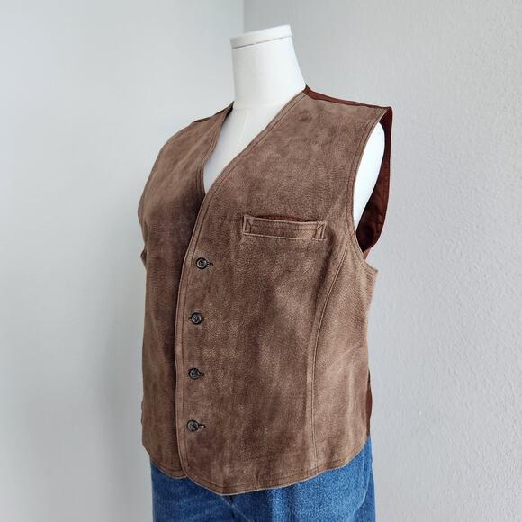 Vintage 90s Brown Genuine Leather Vest Button Down Western Suede Sleeveless XL - Picture 5 of 10